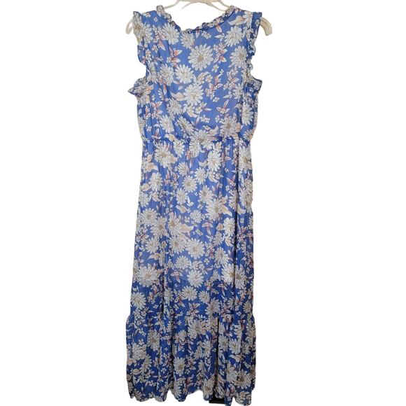 Adrienne Vittadini Maxi Dress Ruffle Floral Sleeveless Blue & White Size Medium - Picture 2 of 10